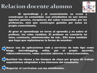 El aprendizaje y el conocimiento se crean y
construyen en comunidad. Los estudiantes no son meros
agentes pasivos, receptores del saber transmitido por los
profesores, sino que construyen guiados por estos su
propio conocimiento.
Al girar el aprendizaje en torno al aprendiz y no sobre el
profesor, los roles cambian. El profesor se convierte en
tutor, comisario, administrador de red... Ello hace también
que haya que replantearse la forma de enseñar:
Hacer uso de aplicaciones web y servicios de todo tipo como
blogs, microblogging, wikis, por el propio aprendiz,
videoconferencias, redes sociales abiertas e interconectadas.
Sustituir las clases y los tiempos de clase por grupos de trabajo
espontáneos adaptados a los intereses del estudiante.
Negociar el curriculum con los estudiantes.
 