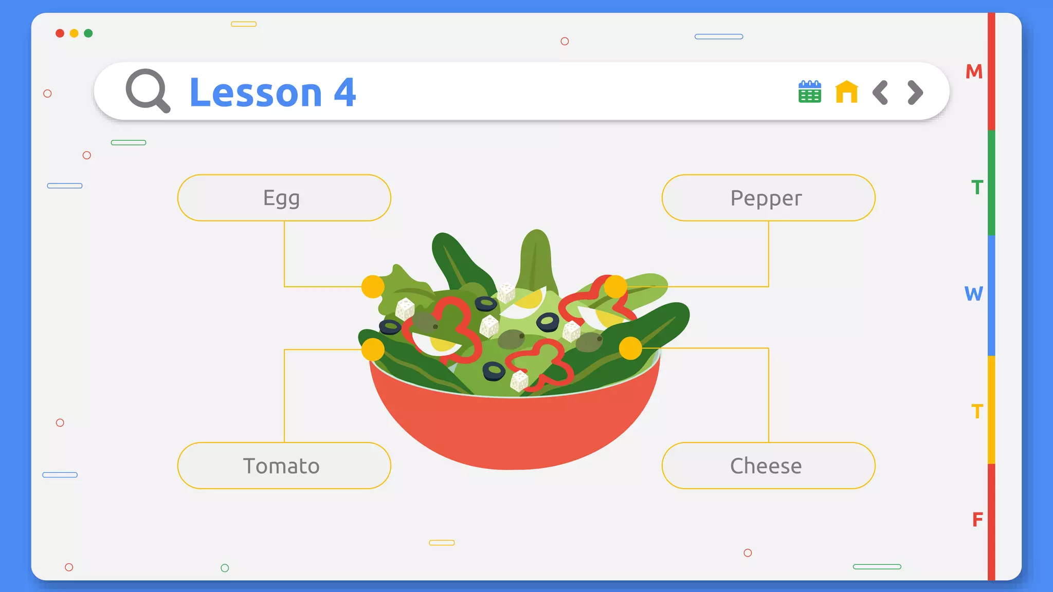Lesson 4
Egg
Tomato
Pepper
Cheese
M
T
W
T
F
 