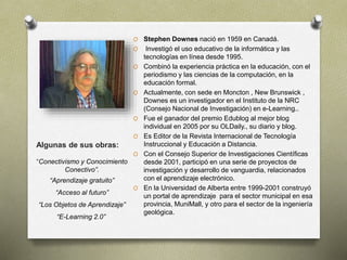 O Stephen Downes nació en 1959 en Canadá.
O Investigó el uso educativo de la informática y las
tecnologías en línea desde 1995.
O Combinó la experiencia práctica en la educación, con el
periodismo y las ciencias de la computación, en la
educación formal.
O Actualmente, con sede en Moncton , New Brunswick ,
Downes es un investigador en el Instituto de la NRC
(Consejo Nacional de Investigación) en e-Learning..
O Fue el ganador del premio Edublog al ​​mejor blog
individual en 2005 por su OLDaily., su diario y blog.
O Es Editor de la Revista Internacional de Tecnología
Instruccional y Educación a Distancia.
O Con el Consejo Superior de Investigaciones Científicas
desde 2001, participó en una serie de proyectos de
investigación y desarrollo de vanguardia, relacionados
con el aprendizaje electrónico.
O En la Universidad de Alberta entre 1999-2001 construyó
un portal de aprendizaje para el sector municipal en esa
provincia, MuniMall, y otro para el sector de la ingeniería
geológica.
Algunas de sus obras:
“Conectivismo y Conocimiento
Conectivo”.
“Aprendizaje gratuito”
“Acceso al futuro”
“Los Objetos de Aprendizaje”
“E-Learning 2.0”
 