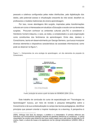 13
pessoais e coletivos configurados pelas redes distribuídas, pela digitalização dos
dados, pelo potencial acesso e virtualização crescente da vida social, desafiam os
professores e modelos tradicionais de ensino-aprendizagem.
Por isso, novas abordagens têm surgido, inspiradas pelas transformações
culturais em curso e interessadas em atualizar a Educação e escola com as demandas
surgidas. Procuram conhecer os ambientes culturais pós-TIC e consideram o
hibridismo homem-máquina, o caos, as redes, a complexidade e a auto-organização
como constituintes dos fenômenos da aprendizagem. Entre elas, destaco o
Conectivismo, teoria em desenvolvimento por George Siemens, que busca incorporar
diversos elementos e dispositivos característicos da sociedade informacional, como
pode se observar na figura 1.
Figura 1 – Componentes de uma ecologia de aprendizagem, um dos elementos da proposta do
Conectivismo.
Fonte: produção da autora a partir de dados de SIEMENS (2004, 2010).
Este trabalho de conclusão do curso de especialização em “Tecnologias na
Aprendizagem” buscou, por meio de revisão e pesquisa bibliográfica sobre o
Conectivismo e de sua contextualização no campo das teorias pedagógicas, identificar
princípios que possam orientar e inspirar mudanças no e-learning. A perspectiva é
(2004), distingue dois tipos de ciborgue, o protético e o interpretativo. O primeiro refere-se aos
indivíduos cujo funcionamento fisiológico depende de aparelhos eletrônicos ou mecânicos; ‘o cyborg
interpretativo se constitui pela influência dos mass media coagido que é pelo poder da televisão ou do
cinema. Assim, a cultura de massa e do espetáculo nos fez cyborgs interpretativos’ (LEMOS, 2002, p.
187)”.
 