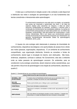 34
A ideia que o conhecimento é relação social e não conteúdo e está disponível
e distribuído nas redes e ecologias de aprendizagem é um dos fundamentos das
teorias conectivista e interacionista sobre aprendizagem:
O conhecimento presente em uma rede não é um objeto, um conteúdo
que possa ser arquivado e gerenciado top down. [...]A ideia de
capturar objetos para colocá-los na máquina, a ideia de salvar
(arquivar) configurações do passado, constituiu o caminho para a
construção de conhecimento nas sociedades estáticas. As teorias do
conhecimento pressupostas por essa ideia podiam ser, na melhor das
hipóteses, construtivistas, mas não podiam ser conectivistas e, muito
menos, interativistas. Não é por acaso que construtivismo gerava
escolas (burocracias do ensinamento) enquanto que interativismo vai
gerando inevitavelmente não-escolas (redes de aprendizagem)
(FRANCO, 2010, p.48).
A riqueza de uma ecologia está relacionada à presença de diversidade de
conhecimentos, dispositivos tecnológicos e de oportunidades de acesso livre e direto
aos nodos (pessoas, organizações, dispositivos). É um ambiente de conhecimento
compartilhado, cuja organização distribuída, fomenta as conexões e fontes de
conhecimento, dando lugar à circulação do mesmo, sem obstruções. São leves,
dinâmicas, adaptáveis, confusas e caóticas. No Conectivismo, elas são o ambiente
onde as redes pessoais de aprendizagem ancoram. Os ambientes, para se
constituírem numa ecologia conectivista, devem observar certas características, que
vão permitir o fluxo livre da aprendizagem e da criação do conhecimento, descritas no
quadro 2.
Quadro 2 - Características de uma ecologia de aprendizagem.
CARACTERÍSTICAS DE UMA ECOLOGIA DE APRENDIZAGEM
INFORMAL, NÃO
ESTRUTURADA
O sistema deve ter flexibilidade suficiente para que os aprendizes criem,
aprendam e interajam de acordo com suas necessidades.
RICA EM
FERRAMENTAS
Muitas oportunidades para o diálogo e para a aprendizagem
CONSTÂNCIA Deve haver atividades constantemente.
CONFIANÇA
Segurança no ambiente, comodidade e contato social, seja presencial ou pela
internet.
SIMPLICIDADE
São mais efetivas as abordagens simples e sociais, interativas. A seleção das
ferramentas e a criação das plataformas deve considerar a simplicidade.
 