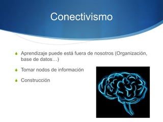 Conectivismo
S Aprendizaje puede está fuera de nosotros (Organización,
base de datos…)
S Tomar nodos de información
S Construcción