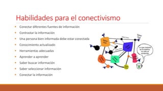 Habilidades para el conectivismo
 Conectar diferentes fuentes de información
 Contrastar la información
 Una persona bien informada debe estar conectada
 Conocimiento actualizado
 Herramientas adecuadas
 Aprender a aprender
 Saber buscar información
 Saber seleccionar información
 Conectar la información
 