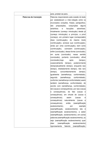 para, prestar-se para.
Palavras de transição Palavras responsáveis pela coesão do texto
por estabelecem a inter-relação entre os
enunciados (orações, frases, parágrafos),
são preposições, conjunções alguns
advérbios e locuções adverbiais.
Inicialmente (começo introdução) desde já
(começo introdução) a princípio, a priori
(começo), em primeiro lugar (começo)além
disso (continuação), do mesmo modo
(continuação), acresce que (continuação),
ainda por cima (continuação), bem como
(continuação), outrossim (continuação),
enfim (conclusão), dessa forma (conclusão),
em suma (conclusão), nesse sentido
(conclusão), portanto (conclusão), afinal
(conclusão),logo após (tempo),
ocasionalmente (tempo), posteriormente
(tempo)atualmente (tempo), enquanto isso
(tempo), imediatamente (tempo), não raro
(tempo), concomitantemente (tempo),
igualmente (semelhança, conformidade),
segundo (semelhança, conformidade),
conforme (semelhança conformidade) assim
também (semelhança, conformidade), de
acordo com (semelhança, conformidade),
daí (causa e consequência), por isso (causa
e consequência), de fato (causa e
consequência), em virtude de (causa e
consequência), assim (causa é
consequência) naturalmente (causa e
consequência), então (exemplificação
esclarecimento), por exemplo
(exemplificação, esclarecimento) isto é
(exemplificação esclarecimento), a saber
(exemplificação, esclarecimento), em outras
palavras (exemplificação esclarecimento), ou
seja (exemplificação esclarecimento) quer
dizer (exemplificação esclarecimento)
rigorosamente falando (exemplificação,
 