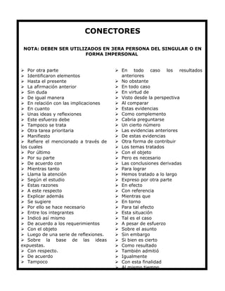 CONECTORES
NOTA: DEBEN SER UTILIZADOS EN 3ERA PERSONA DEL SINGULAR O EN
FORMA IMPERSONAL
 Por otra parte
 Identificaron elementos
 Hasta el presente
 La afirmación anterior
 Sin duda
 De igual manera
 En relación con las implicaciones
 En cuanto
 Unas ideas y reflexiones
 Este esfuerzo debe
 Tampoco se trata
 Otra tarea prioritaria
 Manifiesto
 Refiere el mencionado a través de
los cuales
 Por último
 Por su parte
 De acuerdo con
 Mientras tanto
 Llama la atención
 Según el estudio
 Estas razones
 A este respecto
 Explicar además
 Se sugiere
 Por ello se hace necesario
 Entre los integrantes
 Indicó así mismo
 De acuerdo a los requerimientos
 Con el objeto
 Luego de una serie de reflexiones.
 Sobre la base de las ideas
expuestas.
 Con respecto.
 De acuerdo
 Tampoco
 En todo caso los resultados
anteriores
 No obstante
 En todo caso
 En virtud de
 Visto desde la perspectiva
 Al comparar
 Estas evidencias
 Como complemento
 Cabria preguntarse
 Un cierto número
 Las evidencias anteriores
 De estas evidencias
 Otra forma de contribuir
 Los temas tratados
 Con el objeto
 Pero es necesario
 Las conclusiones derivadas
 Para lograr
 Hemos tratado a lo largo
 Expreso por otra parte
 En efecto
 Con referencia
 Mientras que
 En torno
 Para tal efecto
 Esta situación
 Tal es el caso
 A pesar de esfuerzo
 Sobre el asunto
 Sin embargo
 Si bien es cierto
 Como resultado
 También admitió
 Igualmente
 Con esta finalidad
 Al mismo tiempo
 