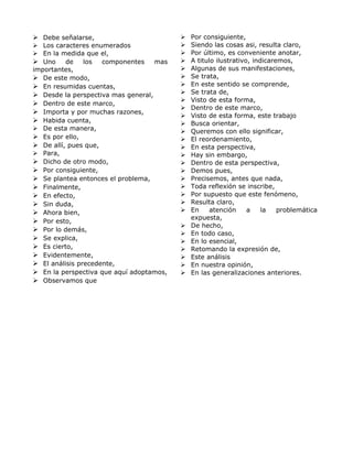  Debe señalarse,
 Los caracteres enumerados
 En la medida que el,
 Uno de los componentes mas
importantes,
 De este modo,
 En resumidas cuentas,
 Desde la perspectiva mas general,
 Dentro de este marco,
 Importa y por muchas razones,
 Habida cuenta,
 De esta manera,
 Es por ello,
 De allí, pues que,
 Para,
 Dicho de otro modo,
 Por consiguiente,
 Se plantea entonces el problema,
 Finalmente,
 En efecto,
 Sin duda,
 Ahora bien,
 Por esto,
 Por lo demás,
 Se explica,
 Es cierto,
 Evidentemente,
 El análisis precedente,
 En la perspectiva que aquí adoptamos,
 Observamos que
 Por consiguiente,
 Siendo las cosas asi, resulta claro,
 Por último, es conveniente anotar,
 A titulo ilustrativo, indicaremos,
 Algunas de sus manifestaciones,
 Se trata,
 En este sentido se comprende,
 Se trata de,
 Visto de esta forma,
 Dentro de este marco,
 Visto de esta forma, este trabajo
 Busca orientar,
 Queremos con ello significar,
 El reordenamiento,
 En esta perspectiva,
 Hay sin embargo,
 Dentro de esta perspectiva,
 Demos pues,
 Precisemos, antes que nada,
 Toda reflexión se inscribe,
 Por supuesto que este fenómeno,
 Resulta claro,
 En atención a la problemática
expuesta,
 De hecho,
 En todo caso,
 En lo esencial,
 Retomando la expresión de,
 Este análisis
 En nuestra opinión,
 En las generalizaciones anteriores.
 