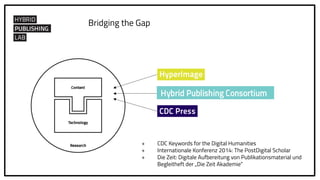 + CDC Keywords for the Digital Humanities
+ Internationale Konferenz 2014: The PostDigital Scholar
+ Die Zeit: Digitale Aufbereitung von Publikationsmaterial und
Begleitheft der „Die Zeit Akademie“
Bridging the Gap
 