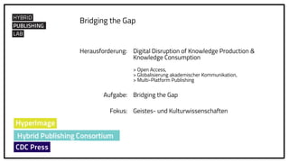 Herausforderung: Digital Disruption of Knowledge Production &
Knowledge Consumption
> Open Access,
> Globalisierung akademischer Kommunikation,
> Multi-Platform Publishing
Aufgabe: Bridging the Gap
Fokus: Geistes- und Kulturwissenschaften
Bridging the Gap
 