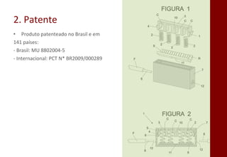 2. Patente Produto patenteado no Brasil e em 141 países: - Brasil: MU 8802004-5 - Internacional: PCT N* BR2009/000289 