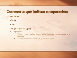 Conectores que indican comparación:
•   Así como
•   Como
•   Cual
•   De igual manera (que)
    •   Ejemplos:
        •   Verónica es muy estudiosa; como su madre, ella siempre está investigando en la
            biblioteca.
        •   Nosotros iremos de vacaciones, de igual manera que tú.
 