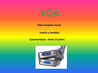 VGA
      Video Graphics Array

        macho y hembra

Caracteristcas : tiene 15 pines
 