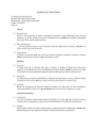 EJEMPLOS DE CONECTORES

Competencias Comunicativas II
Docente: John Fredy Gonzalez Torres
Preparado por: Diana Andrea Castillo Soler
Código: 1071222037
Grupo: 41

        Aditivos

        Noción de suma:
        Gracias a estos programas un número considerable de personas se han sensibilizado frente al medio
        ambiente y no sólo han actuado en lo que les corresponde sino que también han ayudado a promulgar el
        buen actuar frente a nuestra madre naturaleza.

        Matiz intensificativo:
        … así como también al acceso con que las familias tienen para adquisición de vehículos y más aún a los
        últimos modelos que ofrece el mercado.

        Grado máximo:
        El docente es la persona adulta más cercana que tienen los estudiantes, después de sus padres o abuelos,
        incluso en muchos casos es quién comparte más tiempo con ellos.

        Opositivos

        Concesión:
        El simple hecho que un individuo beba agua, se alimente, se desplace al trabajo trae consecuencias
        negativas, y en la mayoría de los casos, irreversibles que afectan al mundo y si bien el ser humano no puede
        evitar realizar estas tareas, puede hacer algo para reducir los daños que trae a diario su modo de vivir.

        Restricción:
        Los adolescentes que tienen la posibilidad de no abandonar las aulas intentan vivir hoy y disfrutar el poder
        interactuar con otros jóvenes, pero en su mente continúa esa desconfianza en un futuro mejor.

        Exclusión:
        Muchos de los programas de televisión infantil les enseñan a los niños cómo ser seres vulnerables y
        víctimas del mundo en el que viven o por el contrario cómo ser seres vacíos, irrespetuosos y vagos.

        Causativos-Consecutivos

        Consecutivos:
        Un joven es esta época siempre sentirá injusticias cometidas en su contra, por eso la solución no está en
        criticarlos sino en comprenderlos y guiarlos hacia el descubrimiento de sus potenciales como persona.

        Causales:
        Muchos padres enseñan a sus hijos a esperar regalos, se ganan las cosas por cumplir años o porque llega
        determinada época del año, cada día nos estamos volviendo más artificiales y materialistas.
 