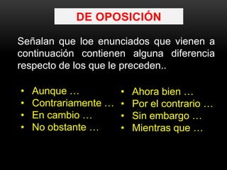 DE OPOSICIÓN
Señalan que loe enunciados que vienen a
continuación contienen alguna diferencia
respecto de los que le preceden..
• Aunque …
• Contrariamente …
• En cambio …
• No obstante …
• Ahora bien …
• Por el contrario …
• Sin embargo …
• Mientras que …
 