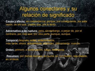 Causa y efecto: en concordancia, porque, por consiguiente, por esta
razón, de ahí que, puesto que, por lo tanto.
Adversativa o de ruptura: pero, sin embargo, a pesar de, por el
contrario, por más que, por otra parte, aunque, aunque.
Temporal:después, antes, anteriormente,
más tarde, ahora, actualmente, entonces, últimamente, cuando.
Orden: primero, a continuación, luego, finalmente.
Resumen: por dichas razones, en suma, en conclusión, resumiendo,
en síntesis.

 