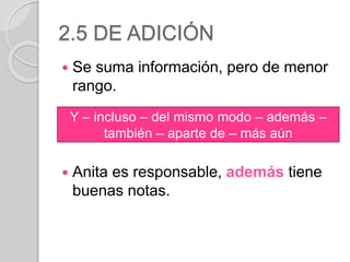 2.5 DE ADICIÓN 
 Se suma información, pero de menor 
rango. 
Y – incluso – del mismo modo – además – 
también – aparte de – más aún 
 Anita es responsable, además tiene 
buenas notas. 
 