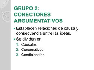  Establecen relaciones de causa y 
consecuencia entre las ideas. 
 Se dividen en: 
1. Causales 
2. Consecutivos 
3. Condicionales 
 