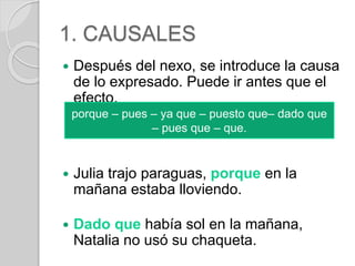 1. CAUSALES 
 Después del nexo, se introduce la causa 
de lo expresado. Puede ir antes que el 
efecto. 
porque – pues – ya que – puesto que– dado que 
– pues que – que. 
 Julia trajo paraguas, porque en la 
mañana estaba lloviendo. 
 Dado que había sol en la mañana, 
Natalia no usó su chaqueta. 
 
