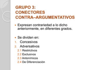  Expresan contrariedad a lo dicho 
anteriormente, en diferentes grados. 
 Se dividen en: 
1. Concesivos 
2. Adversativos 
2.1 Restrictivos 
2.2 Exclusivos 
2.3 Antonímicos 
2.4 De Diferenciación 
 