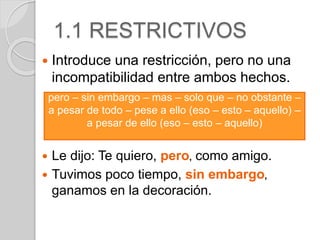 1.1 RESTRICTIVOS 
 Introduce una restricción, pero no una 
incompatibilidad entre ambos hechos. 
pero – sin embargo – mas – solo que – no obstante – 
a pesar de todo – pese a ello (eso – esto – aquello) – 
a pesar de ello (eso – esto – aquello) 
 Le dijo: Te quiero, pero, como amigo. 
 Tuvimos poco tiempo, sin embargo, 
ganamos en la decoración. 
 