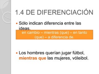 1.4 DE DIFERENCIACIÓN 
 Sólo indican diferencia entre las 
ideas. 
en cambio – mientras (que) – en tanto 
(que) – a diferencia de. 
 Los hombres querían jugar fútbol, 
mientras que las mujeres, vóleibol. 
 