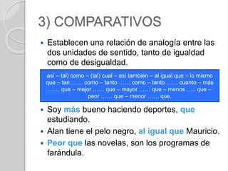 3) COMPARATIVOS 
 Establecen una relación de analogía entre las 
dos unidades de sentido, tanto de igualdad 
como de desigualdad. 
así – tal) como – (tal) cual – así también – al igual que – lo mismo 
que – tan …… como – tanto …… como – tanto …… cuanto – más 
…… que – mejor …… que – mayor …… que – menos ….. que – 
peor …… que – menor …… que. 
 Soy más bueno haciendo deportes, que 
estudiando. 
 Alan tiene el pelo negro, al igual que Mauricio. 
 Peor que las novelas, son los programas de 
farándula. 
