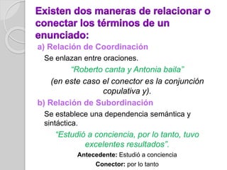a) Relación de Coordinación 
Se enlazan entre oraciones. 
“Roberto canta y Antonia baila” 
(en este caso el conector es la conjunción 
copulativa y). 
b) Relación de Subordinación 
Se establece una dependencia semántica y 
sintáctica. 
“Estudió a conciencia, por lo tanto, tuvo 
excelentes resultados”. 
Antecedente: Estudió a conciencia 
Conector: por lo tanto 
 