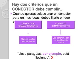 Hay dos criterios que un 
CONECTOR debe cumplir… 
 Cuando quieras seleccionar un conector 
para unir tus ideas, debes fijarte en que 
sea: 
“Llevo paraguas, por ejemplo, está 
lloviendo”. X 
CORRECTO 
SEMÁNTICAMENTE 
CORRECTOR 
GRAMATICALMENTE 
Cumpla con las 
normas de uso 
Sea coherente con 
el sentido de la 
oración 
 