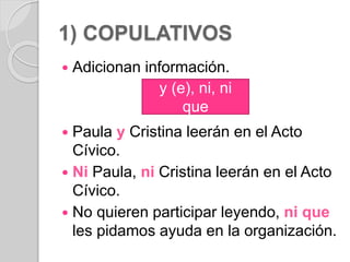 1) COPULATIVOS 
 Adicionan información. 
y (e), ni, ni 
que 
 Paula y Cristina leerán en el Acto 
Cívico. 
 Ni Paula, ni Cristina leerán en el Acto 
Cívico. 
 No quieren participar leyendo, ni que 
les pidamos ayuda en la organización. 
 