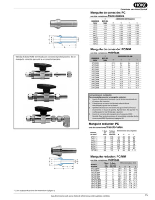 35
Conectores para tubos Gyrolok
Las dimensiones solo son a título de referencia y están sujetas a cambios.
T E
L
A
C
Instrucciones de instalación
Para manguito conector y manguito reductor:
1. Inserte firmemente el extremo con la férula mecanizada en
el cuerpo del conector.
2. Coloque solo la tuerca (sin férulas) sobre la férula
mecanizada. Ajuste con los dedos.
3. Apriete la tuerca con una llave hasta que sienta un brusco
incremento en el par de apriete. Apriete bien. (No apriete 1¼
vueltas pues no hay férulas para ajustar.)
4. Inserte el extremo del manguito en el conjunto HOKE
Gyrolok. Siga las instrucciones de ensamblaje estándar de los
conectores HOKE Gyrolok en la página 55.
Manguito reductor: PC
une dos conexiones fraccionales
Manguito reductor: PC/MM
une dos conexiones métricasC T TxE
L
A
* { } vea las especificaciones del material en la página 6.
Válvula de bola HOKE terminada con conexión Gyrolok provista de un
manguito conector para unir a un conector cercano.
Part
Number*
T
Tube
O.D.
Tx
Reduced
Tube O.D.
Dimensions—inches
A C E L
2PC1 [ ] 1/8 1/16 .84 .25 .03 .47
4PC1 [ ] 1/4 1/16 .95 .38 .03 .56
4PC2 [ ] 1/4 1/8 1.06 .38 .06 .66
6PC2 [ ] 3/8 1/8 1.16 .50 .09 .70
6PC4 [ ] 3/8 1/4 1.22 .50 .13 .78
8PC4 [ ] 1/2 1/4 1.47 .69 .13 .77
8PC6 [ ] 1/2 3/8 1.55 .69 .25 .83
12PC8 [ ] 3/4 1/2 2 .94 .33 1.14
Part
Number*
T
Tube
O.D.
Tx
Reduced
Tube O.D.
Dimensions — mm
A C E L
6PC3[ ]MM 6 3 29.9 9.3 2.1 18.1
8PC6[ ]MM 8 6 29.4 11.2 4.4 19.0
10PC6[ ]MM 10 6 31.1 13.2 4.4 19.8
10PC8[ ]MM 10 8 33.7 13.2 6.4 22.2
12PC6[ ]MM 12 6 39.0 17.5 4.4 21.2
12PC8[ ]MM 12 8 40.6 17.5 6.4 23.0
12PC10[ ]MM 12 10 39.4 17.5 7.5 21.7
16PC12[ ]MM 16 12 50.2 20.7 9.2 31.5
18PC16[ ]MM 18 16 50.4 24.0 12.7 32.3
22PC18[ ]MM 22 18 53.6 27.5 13.9 34.0
25PC18[ ]MM 25 18 58.4 32.0 13.9 34.1
Manguito de conexión: PC
une dos conexiones fraccionales
NÚMERO DE
PIEZA*
T
ØEXT.DEL
TUBO
DIMENSIONES (EN PULGADAS)
A C E L
1PC[] 1/16 0.74 0.13 0.03 0.54
2PC[] 1/8 1.10 0.25 0.09 0.73
3PC[] 3/16 1.10 0.32 0.19 0.74
4PC[] 1/4 1.24 0.38 0.19 0.84
6PC[] 3/8 1.33 0.50 0.28 0.88
8PC[] 1/2 1.92 0.69 0.39 1.23
10PC[] 5/8 1.96 0.82 0.50 1.25
12PC[] 3/4 1.83 0.94 0.59 1.13
14PC[] 7/8 2.20 1.10 0.69 1.38
16PC[] 1.0 2.57 1.20 0.80 1.63
Manguito de conexión: PC/MM
une dos conexiones métricas
NÚMERO DE
PIEZA*
T
ØEXT.DEL
TUBO
DIMENSIONES (EN MM)
A C E L
3PC[]MM 3 27.9 6.4 2.2 18.3
4PC[]MM 4 26.1 7.6 2.4 16.7
6PC[]MM 6 31.4 9.3 2.8 21.2
8PC[]MM 8 31.1 11.1 6.4 20.7
10PC[]MM 10 34.2 13.2 7.6 22.6
12PC[]MM 12 48.6 17.5 9.2 31.0
14PC[]MM 14 43.2 19.1 11.1 27.0
15PC[]MM 15 44.5 19.1 11.9 28.6
16PC[]MM 16 50.4 20.7 12.7 31.8
18PC[]MM 18 51.4 23.8 13.9 33.3
20PC[]MM 20 60.6 26.9 15.1 41.3
22PC[]MM 22 54.1 26.9 17.1 34.4
25PC[]MM 25 66.0 31.5 19.5 41.7
Número
de pieza*
Número
de pieza*
E
E
T Øext.
del
tubo
T Øext.
del
tubo
Tx Øext.
del tubo
reducido
Tx Øext.
del tubo
reducido
A
A
C
C
L
L
Dimensiones (en mm)
Dimensiones (en pulgadas)
 