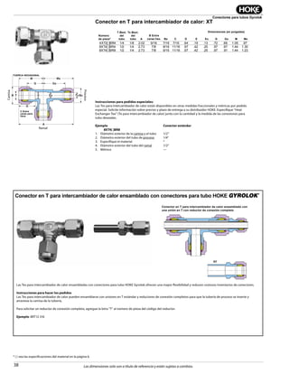 38
Conectores para tubos Gyrolok
Las dimensiones solo son a título de referencia y están sujetas a cambios.
RT
Assembly of Tee
Union Tees With Full Port Reducer
B T E Ex BxTx
NUT HEX
A
M Mx
G Gx
D
C-Across
Wrench
Pad Flats
Instrucciones para pedidos especiales:
Las Tes para intercambiador de calor están disponibles en otras medidas fraccionales y métricas por pedido
especial. Solicite información sobre precios y plazo de entrega a su distribuidor HOKE. Especifique “Heat
Exchanger Tee” (Te para intercambiador de calor) junto con la cantidad y la medida de las conexiones para
tubo deseadas.
Ejemplo Conector estándar
8XT4[ ]BR8
1. Diámetro exterior de la camisa y el tubo 1/2”
2. Diámetro exterior del tubo de proceso 1/4”
3. Especifique el material *
4. Diámetro exterior del tubo del ramal 1/2”
5. Métrico —
Las Tes para intercambiador de calor ensambladas con conectores para tubo HOKE Gyrolok ofrecen una mayor flexibilidad y reducen costosos inventarios de conectores.
Instrucciones para hacer los pedidos
Las Tes para intercambiador de calor pueden ensamblarse con uniones en T estándar y reductores de conexión completos para que la tubería de proceso se inserte y
atraviese la camisa de la tubería.
Para solicitar un reductor de conexión completo, agregue la letra “T” al número de pieza del código del reductor.
Ejemplo: 8RT12 316
Conector en T para intercambiador de calor: XT
Conector en T para intercambiador de calor ensamblado con conectores para tubo HOKE GYROLOK
®
* { } vea las especificaciones del material en la página 6.
Camisa
Proceso
Ramal
Part
Number*
T
Tube
O.D.
Tx
Tube
O.D.
Dimensions — inches
A
B
Hex Flat Bx C D E Ex G Gx M Mx
4XT2[ ]BR4 1/4 1/8 2.02 9/16 7/16 7/16 .64 .19 .13 .72 .66 1.05 .97
8XT4[ ]BR4 1/2 1/4 2.73 7/8 9/16 11/16 .97 .42 .25 .97 .97 1.44 1.30
8XT4[ ]BR8 1/2 1/4 2.73 7/8 9/16 11/16 .97 .42 .25 .97 .91 1.44 1.23
TUERCA HEXAGONAL
Conector en T para intercambiador de calor ensamblado con
una unión en T con reductor de conexión completo
C Entre
caras para
llave
Número
de pieza* E
B Entre
caras hex.
T Øext.
del
tubo
Tx Øext.
del
tubo A Bx C Ex G Gx M MxD
Dimensiones (en pulgadas)
 