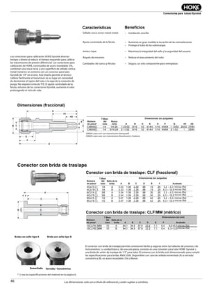 46
Conectores para tubos Gyrolok
Las dimensiones solo son a título de referencia y están sujetas a cambios.
Los conectores para calibración HOKE Gyrolok ahorran
tiempo y dinero al reducir el tiempo requerido para calibrar
los transmisores de presión diferencial. Los conectores para
calibración de HOKE, construidos de acero inoxidable 316,
combinan una rosca recta y una superficie de sellado cónica
metal-metal en un extremo con un conector para tubo
Gyrolok de 1/4″ en el otro. Este diseño permite al técnico
calibrar fácilmente el transmisor en su lugar sin necesidad
de desmontar el tapón del tubo o la tapa de la conexión de
purga. No requiere cinta de TFE. El ajuste controlado de la
férula, exlusivo de los conectores Gyrolok, aumenta el valor
prolongando el ciclo de vida.
• Instalación sencilla
• Aumenta en gran medida la duración de las reinstalaciones
• Protege el tubo de las sobrecargas
• Maximiza la integridad del sello y la seguridad del usuario
• Reduce el atascamiento del tubo
• Seguro, un solo componente para reemplazar
Sellado rosca recta/ metal-metal:
Ajuste controlado de la férula:
Junta a tope:
Ángulo de encastre:
Cambiador de tuerca y férulas:
B T C
E
A
G
H1
H2
F
D
Características Beneﬁcios
Dimensiones (fraccional)
CM005: para usar con transmisores Honeywell
CM009: para usar con transmisores Rosemount o Foxboro
Conector con brida de traslape: CLF (fraccional)
C
D
F
A
EB
El conector con brida de traslape permite conexiones fáciles y seguras entre las tuberías de proceso y de
instrumentos. La unidad básica, de una sola pieza, consiste en una conexión para tubo HOKE Gyrolok y
una brida de unión de traslape de 1/2” para tubo. El extremo con la brida está dimensionado para cumplir
las especificaciones para bridas ANSI 2500. Disponibles con cara de sellado esmerilada (A) o serrada/
concéntrica (B), en acero inoxidable 316 o Monel.
Brida con sello tipo A Brida con sello tipo B
Esmerilada Serrada / Concéntrica
Conector con brida de traslape: CLF/MM (métrico)
* { } vea las especificaciones del material en la página 6.
Conector con brida de traslape
Part
Number
T
Tube
O.D.
Straight
Thread
Dimensions — inches
A B C D E F G H1 H2
CM005[ ] 1/4 1/4-28 1 23/32 9/16 1/2 41/64 1/16 49/64 1 13/32 25/32 27/64
CM009[ ] 1/4 5/16-24 2 11/32 9/16 1/2 41/64 1/16 49/64 2 1/32 1 25/64
Part
Number
T
Tube
O.D.
Flange
Seal
Dimensions — inches
FinishA B C D E F
4CLFA [ ] 1/4 A 3.33 1.38 2.28 .88 .19 .25 3.2 – 6.3 Micrometer (Ra)
4CLFB [ ] 1/4 B 3.33 1.38 2.28 .88 .19 .25 6.3 – 12.5 Micrometer (Ra)
6CLFA [ ] 3/8 A 3.34 1.38 2.28 .88 .30 .25 3.2 – 6.3 Micrometer (Ra)
6CLFB [ ] 3/8 B 3.34 1.38 2.28 .88 .30 .25 6.3 – 12.5 Micrometer (Ra)
8CLFA [ ] 1/2 A 3.47 1.38 2.28 .88 .42 .25 3.2 – 6.3 Micrometer (Ra)
8CLFB [ ] 1/2 B 3.47 1.38 2.28 .88 .42 .25 6.3 – 12.5 Micrometer (Ra)
Part
Number
T
Tube
O.D.
Flange
Seal
Dimensions — mm
FinishA B C D E F
10CLFA[ ]MM 10 A 84.1 34.9 57.9 22.2 7.1 6.4 3.2–6.3 Micrometer (Ra)
10CLFB[ ]MM 10 B 84.1 34.9 57.9 22.2 7.1 6.4 6.3–12.5 Micrometer (Ra)
Número
de pieza*
Número
de pieza*
Número
de pieza*
T Øext.
del
tubo
T Øext.
del
tubo
T Øext.
del
tubo
Rosca
recta
Sello de la
brida
Sello de la
brida
E
E
E
A
A
A
B
B
B
C
C
C
D
D
D
F
F
F
G H1
Acabado
Acabado
H2
Dimensiones (en pulgadas)
Dimensiones (en pulgadas)
micras (Ra)
micras (Ra)
micras (Ra)
micras (Ra)
micras (Ra)
micras (Ra)
micras (Ra)
Dimensiones (en mm)
micras (Ra)
 