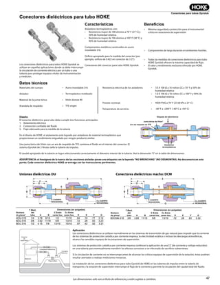 47
Conectores para tubos Gyrolok
Las dimensiones solo son a título de referencia y están sujetas a cambios.
TFE Back-up Ring
Warning Label
Viton® O-ring
Thermoplastic
Insulators
TB
F
D
A
G
C-BODY HEX Cx-
BODY
HEX
E
Uniones dieléctricas DU
T
E
B
F
D
A
G
C-BODY HEX Cx-
BODY
HEX
Conectores dieléctricos macho: DCM
Diseño
El conector dieléctrico para tubo debe cumplir tres funciones principales:
1. Aislamiento eléctrico
2. Contención confiable del fluido
3. Flujo adecuado para la medida de la tubería
En el diseño de HOKE, el aislamiento está logrado por aisladores de material termoplástico que
proporcionan un rendimiento inigualado por ningún producto similar.
Una junta tórica de Vitón con un aro de respaldo de TFE contiene el fluido en el interior del conector. El
sistema Gyrolok de 2 férulas sella la tubería de impulso.
El caudal apropiado de la tubería se logra seleccionando correctamente el diámetro interior de la tubería. Vea la dimensión “E” en la tabla de dimensiones.
ADVERTENCIA: el hexágono de la tuerca de las secciones aisladas posee una etiqueta con la leyenda “NO WRENCHING” (NO DESMONTAR). No desconecte en este
punto. Cada conector dieléctrico HOKE se entrega con las instrucciones pertinentes.
Aplicación
Los conectores dieléctricos se utilizan normalmente en los sistemas de transmisión de gas natural para impedir que la corriente
de los sistemas de protección catódica por corriente impresa, la electricidad estática o incluso las descargas atmosféricas,
alcance los sensibles equipos de las estaciones de supervisión.
Los sistemas de protección catódica por corriente impresa conllevan la aplicación de una CC (de corriente y voltaje reducidos)
en una tubería para eventualmente transferir los efectos corrosivos a un electrodo de sacrificio subterráneo.
Si la circulación de corriente no se interrumpe antes de alcanzar los críticos equipos de supervisión de la estación, éstos podrían
resultar averiados o realizar mediciones inexactas.
La instalación de los conectores dieléctricos para tubo Gyrolok de HOKE en las tuberías de impulso entre la tubería de
transporte y la estación de supervisión interrumpe el flujo de la corriente y permite la circulación del caudal total del fluido.
Monitoring
Station
Dielectric Fittings
Orifice Plate
Gas Transmission
Typical Application
ΔP Measurement
Electrical
Current
Conectores dieléctricos para tubo HOKE
Los conectores dieléctricos para tubos HOKE Gyrolok se
utilizan en aquellas aplicaciones donde se debe interrumpir
la circulación de corriente eléctrica por un tubo o una
tubería para proteger equipos vitales de instrumentación
y medición.
Aisladores termoplásticos con:
• Resistencia mayor de 108 ohmios a 70° F (21° C) y
50% de humedad relativa.
• Resistencia mayor de 106 ohmios a 100° F (38° C) y
90% de humedad relativa.
Componentes metálicos construidos en acero
inoxidable 316:
Orificio apropiado para la medida del conector (por
ejemplo, orificio de 0.422 en conector de 1/2”):
Conexiones del conector para tubo HOKE Gyrolok:
Características
• Máxima seguridad y protección para el instrumental
crítico en estaciones de supervisión
• Componentes de larga duración en ambientes hostiles.
• Todas las medidas de conectores dieléctricos para tubo
HOKE Gyrolok ofrecen la máxima capacidad de flujo.
• El valor y rendimiento exclusivo ofrecido por HOKE
Gyrolok.
Beneﬁcios
Datos técnicos
Materiales del cuerpo:
Aislador:
Material de la junta tórica:
Arandela de respaldo:
• Acero inoxidable 316
• Termoplástico moldeado
• Vitón dureza 90
• TFE virgen
Resistencia eléctrica de los aisladores:
Presión nominal:
Temperatura de servicio:
• 7.0 X 108 Ω a 10 voltios CC a 70° F y 50% de
humedad relativa
• 1.0 X 106 Ω a 10 voltios CC a 100° F y 90% de
humedad relativa
• 4000 PSIG a 70° F (27,58 kPa a 21° C)
• -40° F a +200° F (-40° C a +93° C)
Part No.
T
Tube
O.D.
Dimensions — inches
A B
C
Hex Flat
Cx
Hex Flat D E F G
4DU-316 1/4 3.78 9/16 1/2 11/16 .64 .19 .77 3.12
6DU-316 3/8 3.92 11/16 5/8 13/16 .72 .28 .83 3.23
8DU-316 1/2 4.15 7/8 13/16 15/16 .97 .42 .92 3.21
Part No.
T
Tube
O.D.
Dimensions — inches
A B
C
Hex Flat
Cx
Hex Flat D E F G
6DCM4-316 3/8 3.66 11/16 5/8 13/16 .72 .28 .83 3.32
Aisladores
termoplásticos
Etiqueta de advertencia
Junta tórica de Viton®
Aro de respaldo de TFE
C-CUERPO
HEXAGONAL
C-CUERPO
HEXAGONAL
Cx-CUERPO
HEXAGONAL
Cx-CUERPO
HEXAGONAL
Estación
de
supervisión
Conectores dieléctricos
Placa oriﬁcio
Medición
Corriente
eléctrica
Número
de pieza*
Número
de pieza*
T Øext.
del
tubo
T Øext.
del
tuboE E
C Entre
caras hex.
C Entre
caras hex.
Cx Entre
caras hex.
Cx Entre
caras hex.A AB BD DF FG G
Dimensiones (en pulgadas) Dimensiones (en pulgadas)
 
