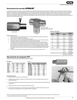 51
Conectores para tubos Gyrolok
Las dimensiones solo son a título de referencia y están sujetas a cambios.
Herramienta de marcado GYROLOK
®
Los usuarios de conectores para tubo han reconocido muchas veces que el funcionamiento adecuado del sistema de tuberías y conectores para tubo necesita de una buena
preparación de la tubería y el uso de procedimientos correctos de instalación. El ajuste inadecuado de las férulas en cualquier sistema de conectores y tubos no abocardados
puede ser el resultado de las rebabas originadas durante el proceso de corte del tubo, la inadecuada inserción del tubo en el conector o el apriete incorrecto de la tuerca
del conector. Con el objeto de maximizar el rendimiento y la seguridad del sistema de tubos y conectores, HOKE ofrece varias herramientas opcionales combinadas con la
capacitación detallada del instalador. La herramienta de marcado Gyrolok® proporciona al instalador un medio económico para garantizar la apropiada inserción del tubo en el
conector y un ajuste adecuado de la tuerca.
Instrucciones de uso
1. Corte el tubo en escuadra, preferiblemente con una cortadora de tubos, y a continuación elimine las
rebabas interiores y exteriores si es necesario.
2. Inserte el tubo firmemente en la herramienta hasta el fondo.
3. Marque el tubo, con un marcador Sharpie Ultrafino modelo 37001 o similar como se demuestra arriba
en la grafica. Verifique que sea perpendicular a la herramienta cdomo indicado.
4. Firmemente inserte el tubo ya marcado dentro del conector Gyrolok® que desea ensamblar. Aprete
con los dedos la tuerca si es menor de 12mm o apreté el tubo directamente si es de 12mm o mayor. La
marca no debe estar visible en este momento. Si no está visible continúe al paso numero 5. Si alguna
parte de la marca no es visible arriba de la tuerca del conector Gyrolok® después de haberla apretado
con los dedos menor de 12mm o el tubo mayor de 12mm, el tubo fue apropiadamente instalado o unas
de las férulas no está en el conector. Si este es el caso por favor desensamble y determine la cause del
problema.
5. Si la marca no aparece después de haber ajustado el conector con los dedos, continúe con las
MEDIDA
NÚMERO DE
PIEZA MEDIDA
NÚMERO DE
PIEZA
1⁄8” 2GMT 6 mm 6GMTMM
¼” 4GMT 8 mm 8GMTMM
3⁄8” 6GMT 10 mm 10GMTMM
½” 8GMT 12 mm 12GMTMM
5⁄8” 10GMT 14 mm 14GMTMM
¾” 12GMT 15 mm 15GMTMM
1” 16GMT 16 mm 16GMTMM
¼”,3⁄8”,½” 468GMT 18 mm 18GMTMM
20 mm 20GMTMM
22 mm 22GMTMM
25 mm 25GMTMM
Part
Number*
Tube
O.D.
Dimensions — inches
Length Across Flats
1PST 1/16 2.25 3/8
2PST 1/8 1.94 11/16
3PST 3/16 2 1/2
4PST 1/4 1.94 11/16
6PST 3/8 1.97 11/16
8PST 1/2 2 7/8
12PST 3/4 2.50 1 1/8
16PST 1 2.50 1 1/2
Part
Number*
Tube
O.D.
Dimensions — mm
Length Across Flats
3PSTMM 3 49.2 17.3
6PSTMM 6 49.0 17.3
8PSTMM 8 50.0 17.3
10PSTMM 10 50.8 17.3
12PSTMM 12 50.8 22.0
14PSTMM 14 50.8 22.0
16PSTMM 16 63.5 28.4
18PSTMM 18 63.5 28.4
20PSTMM 20 63.5 28.4
22PSTMM 22 63.5 37.9
25PSTMM 25 63.5 37.9
Instrucciones de uso
1. Asegure la herramienta PST en un tornillo de banco.
2. Coloque la tuerca y las férulas, sin apretar, en la herramienta PST. Utilice el cambiador de juegos de tuerca y
férulas HOKE Gyrolok.
3. Para colocar el juego de tuerca y férulas en el tubo, siga las instrucciones de ensamblaje estándar HOKE Gyrolok
en la página 55.
4. Afloje la tuerca y retire el tubo con las férulas preajustadas y la tuerca.
5. Con las férulas preajustadas y la tuerca ubicadas en su posición definitiva, reinstale la tubería de acuerdo a las
instrucciones de ensamblaje para conectores HOKE Gyrolok en la página 55.
Herramienta de preajuste PST
Utilícela únicamente para preajustar las férulas al tubo.
Fraccional Métrico
* { } vea las especificaciones del material en la página 6.
Nota: las roscas de las herramientas de preajuste deben lubricarse la primera vez que se usa y, a partir de allí, volver a lubricar cada diez usos.
Número
de pieza*
Número
de pieza*
Øext. del
tubo
Øext. del
tuboLongitud LongitudEntre caras Entre caras
Dimensiones (en pulgadas) Dimensiones (en pulgadas)
Números de piezaNorma GMT
Tres-en-Uno GMT
(468 GMT y 61012 GMT-MM)
6MM,10MM,12MM 61012GMT-MM
 