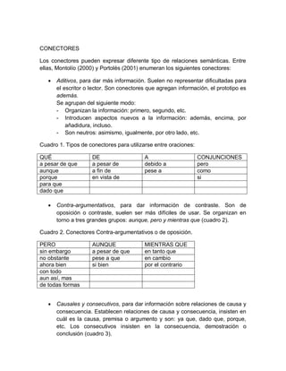 CONECTORES
Los conectores pueden expresar diferente tipo de relaciones semánticas. Entre
ellas, Montolío (2000) y Portolés...