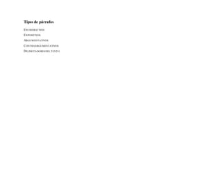 Tipos de párrafos
ENUMERATIVOS
EXPOSITIVOS
ARGUMENTATIVOS
CONTRAARGUMENTATIVOS
DELIMITADORESDEL TEXTO
 