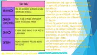 Dependiendo del tipo de conector, se da
un sentido diferente a la conexión que se
establece.
Es importante conocer la función de cada
conector para utilizarlo de forma
adecuada y enlazar las diferentes ideas de
un texto.
El uso de conectores permite una
redacción más fluida, favoreciendo la
lectura y la comprensión de los textos.
Además de la correcta ortografía y
gramática, es uno de los elementos que da
calidad a un texto.
Los conectores son simples, si están
conformados por una sola palabra, o
compuestos, si están formados por dos o
más palabras.
7/28/2017
3
 