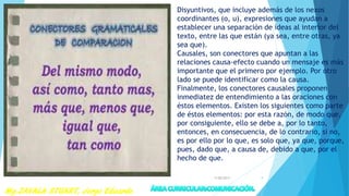 Disyuntivos, que incluye además de los nexos
coordinantes (o, u), expresiones que ayudan a
establecer una separación de ideas al interior del
texto, entre las que están (ya sea, entre otras, ya
sea que).
Causales, son conectores que apuntan a las
relaciones causa-efecto cuando un mensaje es más
importante que el primero por ejemplo. Por otro
lado se puede identificar como la causa.
Finalmente, los conectores causales proponen
inmediatez de entendimiento a las oraciones con
éstos elementos. Existen los siguientes como parte
de éstos elementos: por esta razón, de modo que,
por consiguiente, ello se debe a, por lo tanto,
entonces, en consecuencia, de lo contrario, si no,
es por ello por lo que, es solo que, ya que, porque,
pues, dado que, a causa de, debido a que, por el
hecho de que.
7/28/2017 9
 