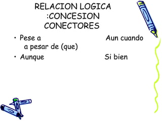 RELACION LOGICA
:CONCESION
CONECTORES
• Pese a Aun cuando
a pesar de (que)
• Aunque Si bien
 