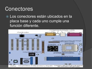Conectores
   Los conectores están ubicados en la
    placa base y cada uno cumple una
    función diferente.
 