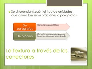 Se diferencian según el tipo de unidades que conectan sean oraciones o parágrafos La textura a través de los conectores 