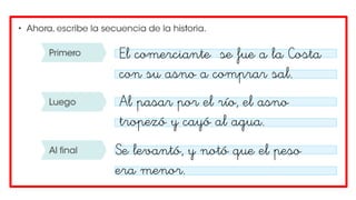 El comerciante se fue a la Costa
con su asno a comprar sal.
Al pasar por el río, el asno
tropezó y cayó al agua.
Se levantó, y notó que el peso
era menor.
 