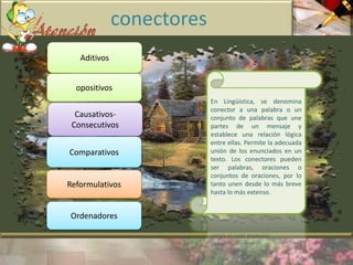 conectores 
Aditivos 
opositivos 
Causativos- 
Consecutivos 
Comparativos 
Reformulativos 
Ordenadores 
En Lingüística, se denomina 
conector a una palabra o un 
conjunto de palabras que une 
partes de un mensaje y 
establece una relación lógica 
entre ellas. Permite la adecuada 
unión de los enunciados en un 
texto. Los conectores pueden 
ser palabras, oraciones o 
conjuntos de oraciones, por lo 
tanto unen desde lo más breve 
hasta lo más extenso. 
 