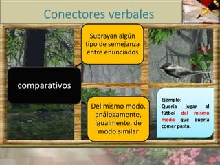 Conectores verbales 
comparativos 
Subrayan algún 
tipo de semejanza 
entre enunciados 
Del mismo modo, 
análogamente, 
igualmente, de 
modo similar 
Ejemplo: 
Quería jugar al 
fútbol del mismo 
modo que quería 
comer pasta. 
 