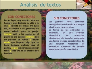 Análisis de textos 
CON CONECTORES 
En un lugar muy remoto, vivía un 
hombre, que dedicaba su vida a la 
cría y cuidado de ovejas. Un buen 
día, le compró a un ganadero, un 
nuevo rebaño para su granja. 
Cuando dejó a las ovejas en el 
prado, se dio cuenta entonces que 
no paraban de hablar y hablar 
desde que llegaron, algo que se 
hacía bastante molesto para el 
pastor, ya que no parecían escuchar 
todas y cada una de las ordenes que 
les daba. 
SIN CONECTORES 
Los glóbulos rojos contienen 
hemoglobina confiriendo a la sangre 
el color rojo característico. 
La forma de los eritrocitos es 
bicóncava. En una solución 
hipertónica los eritrocitos 
disminuyen de tamaño adoptando 
una forma crenada característica. En 
una solución hipotónica los 
eritrocitos aumentan de tamaño 
adoptando una forma esférica. 
 