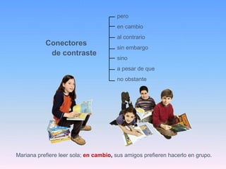 Conectores
de contraste
pero
en cambio
al contrario
sin embargo
sino
a pesar de que
no obstante
Mariana prefiere leer sola; en cambio, sus amigos prefieren hacerlo en grupo.
 