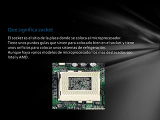 .


Que significa socket
El socket es el sitio de la placa donde se coloca el microprocesador.
Tiene unos puntos guías que sirven para colocarlo bien en el socket y tiene
unos orificios para colocar unos sistemas de refrigeración.
Aunque haya varios modelos de microprocesador los mas destacados son
Intel y AMD.
 