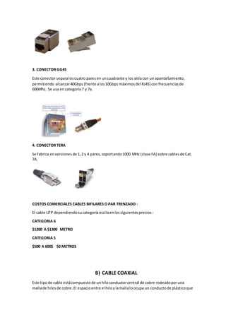3. CONECTOR GG45
Este conector separaloscuatro paresen uncuadrante y los aíslacon un apantallamiento,
permitiendo alcanzar40Gbps (frente alos10Gbps máximosdel RJ45) con frecuenciasde
600Mhz. Se usa encategoría 7 y 7a.
4. CONECTOR TERA
Se fabrica enversionesde 1,2 y 4 pares,soportando1000 MHz (clase FA) sobre cablesde Cat.
7A.
COSTOS COMERCIALES CABLES BIFILARES O PAR TRENZADO :
El cable UTP dependiendosucategoríaoscilaenlossiguientesprecios:
CATEGORIA 6
$1200 A $1300 METRO
CATEGORIA 5
$500 A 600$ 50 METROS
B) CABLE COAXIAL
Este tipode cable estácompuestode unhiloconductorcentral de cobre rodeadoporuna
mallade hilosde cobre.El espacioentre el hiloylamallaloocupa un conductode plásticoque
 