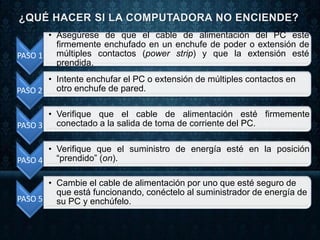 PASO 1
• Asegúrese de que el cable de alimentación del PC esté
firmemente enchufado en un enchufe de poder o extensión de
múltiples contactos (power strip) y que la extensión esté
prendida.
PASO 2
• Intente enchufar el PC o extensión de múltiples contactos en
otro enchufe de pared.
PASO 3
• Verifique que el cable de alimentación esté firmemente
conectado a la salida de toma de corriente del PC.
PASO 4
• Verifique que el suministro de energía esté en la posición
“prendido” (on).
PASO 5
• Cambie el cable de alimentación por uno que esté seguro de
que está funcionando, conéctelo al suministrador de energía de
su PC y enchúfelo.
 