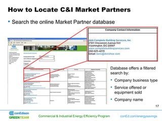How to Locate C&I Market Partners
• Search the online Market Partner database




                                                                Database offers a filtered
                                                                search by:
                                                                •   Company business type
                                                                •   Service offered or
                                                                    equipment sold
                                                                •   Company name
                                                                                            17


            Commercial & Industrial Energy Efficiency Program          conEd.com/energysavings
 