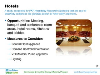 Hotels
A study conducted by PKF Hospitality Research illustrated that the cost of
electricity comprises the greatest portion of hotel utility expenses.

• Opportunities: Meeting,
  banquet and conference room
  areas, hotel rooms, kitchens
  and lobbies
• Measures to Consider:
   –   Central Plant upgrades
   –   Demand Controlled Ventilation
   –   VFD/Motors, Pump upgrades
   –   Lighting

                                                                                           28


                  Commercial & Industrial Energy Efficiency Program   conEd.com/energysavings
 